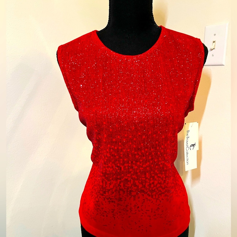 1/$10 or 2/$15 Red Glitter Short Sleeve Spandex Top, The Travel Collection - Picture 3 of 13
